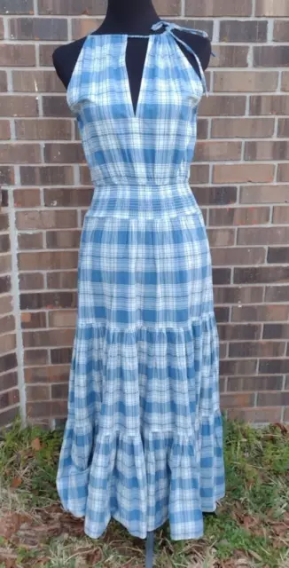 Polo Ralph Lauren Dress Women 2 Blue Plaid Arlete Smocked Tiered Halter Cotton