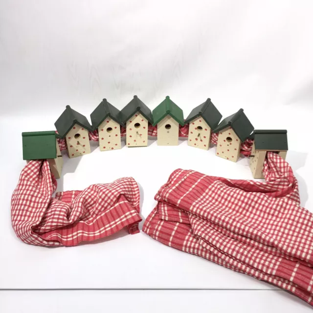 10 pc Set Birdhouse Swag Valance Red White Plaid Kitchen Curtains OOAK 2 Windows