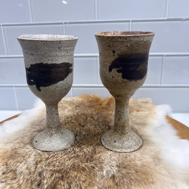 Rustic  Scandinavian Stoneware Set of 2 Pottery Goblets Wine Cups Speckled Glaze
