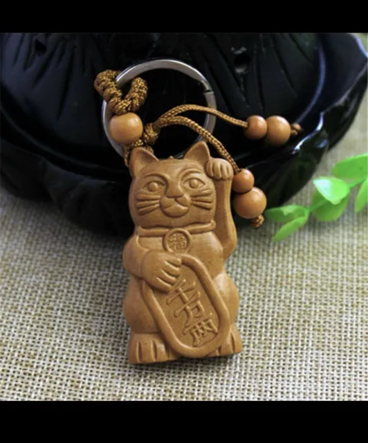 Vintage Cat  Maneki-neko Netsuke Japanese Carved Boxwood Signed Siamese  Wood