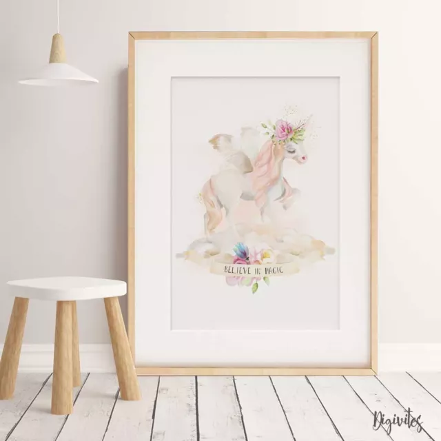 Girl Nursery or Bedroom Watercolour Unicorn Wall Art prints. Magical floral Art 3