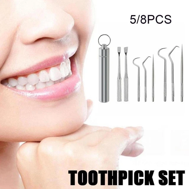 1 juego de palillos de dientes limpieza dental de metal acero con tubos de almacenamiento nuevo. Z4S5