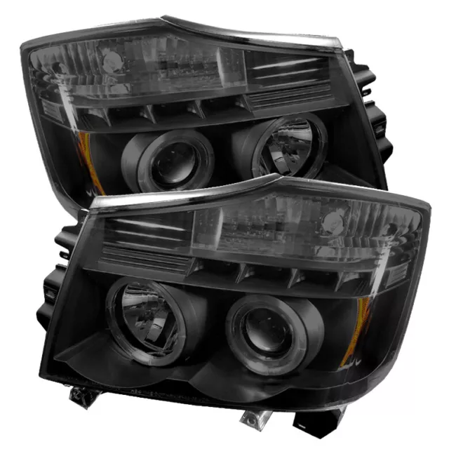 Fit Nissan 04-15 Titan / Armada Black Smoke Dual Halo LED Projector Headlights