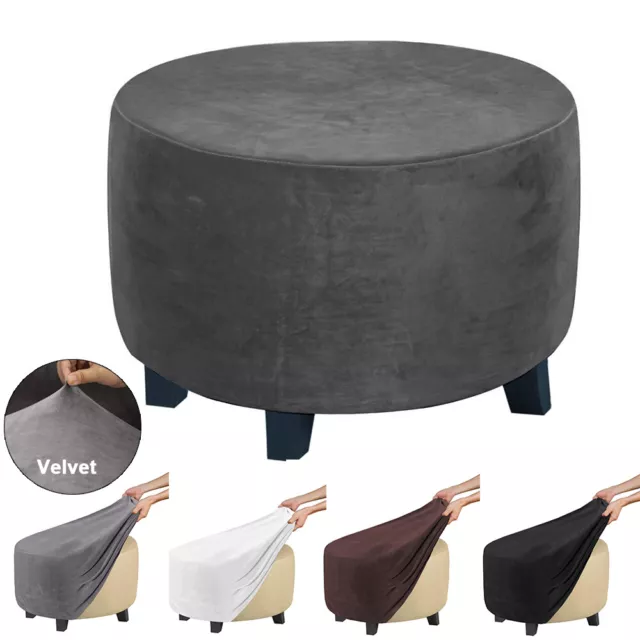 Velvet Footstool Covers Round Ottoman Storage Slipcover Pouffe Seat Protector UK