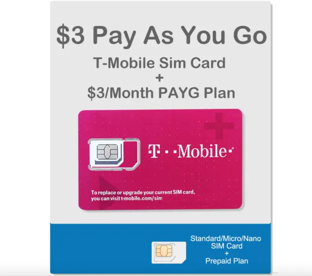 T-Mobile $3/Month Pay As You Go Plan+Sim Card with Talk,Text ($0.1/call or text)