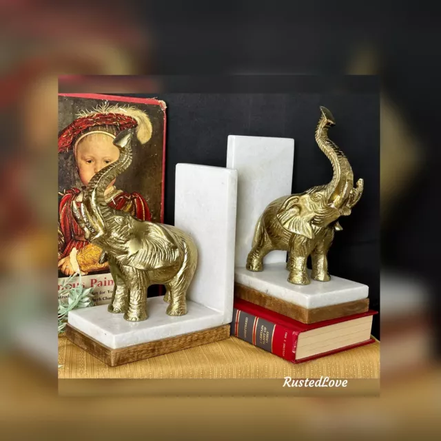 Vintage Solid Brass Elephant Book Ends on Stone and Wood Trunks Up "Good Luck"*