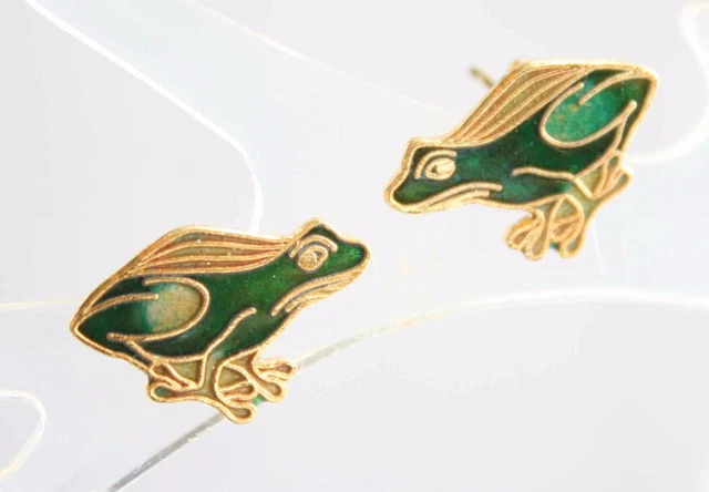 Genuine Cloisonne Enamel Petite Green Frog Pierced Earrings 1970s vintage