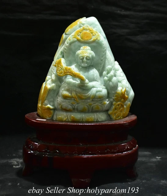 9.6" Chinese Natural Emerald Jade Jadeite Carved Shakyamuni Amitabha Buddha