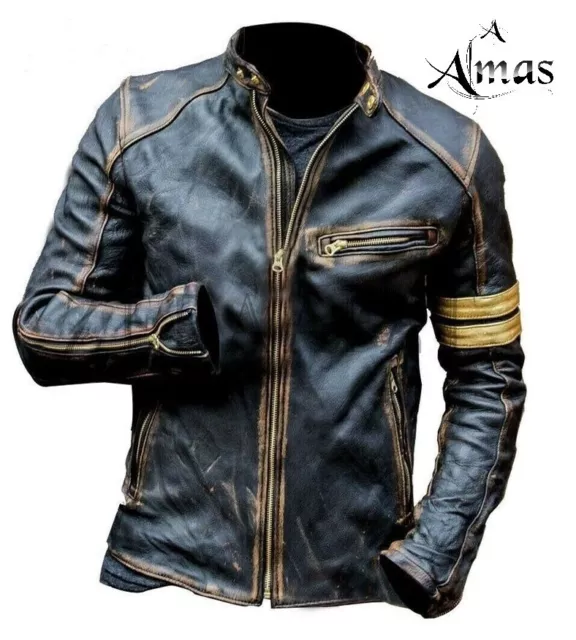 Men's Real Cow Leather Jacket Biker Vintage Black Motorcycle Cafe Racer By Almas