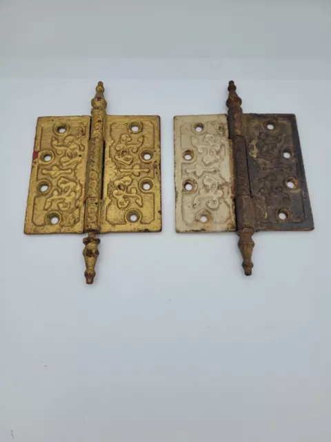Pair Of Antique Ornate Cast Iron Victorian Steeple Hinges 5 Inches