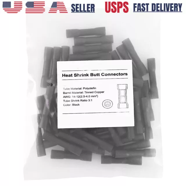 100pcs Black Waterproof Heat Shrink Butt Connector Splice Terminal 14-12AWG Wire