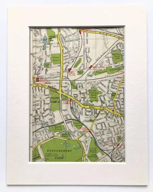 Antique 1940s London Map - Mounted - Colour - ACTON, EALING GUNNERSBURY PARK