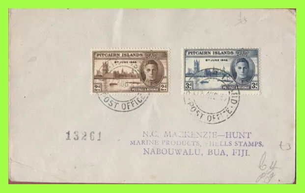 Pitcairn Islands 1947 KGVI Victory set on registered cover to Fiji