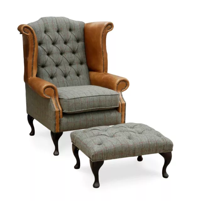 Chesterfield Queen Anne High Back Wing Chair & Footstool Tweed & Tan Leather