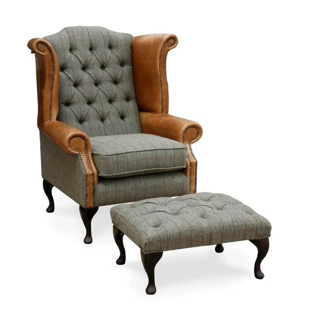 CHESTERFIELD QUEEN ANNE High Back Wing Chair Footstool Tweed