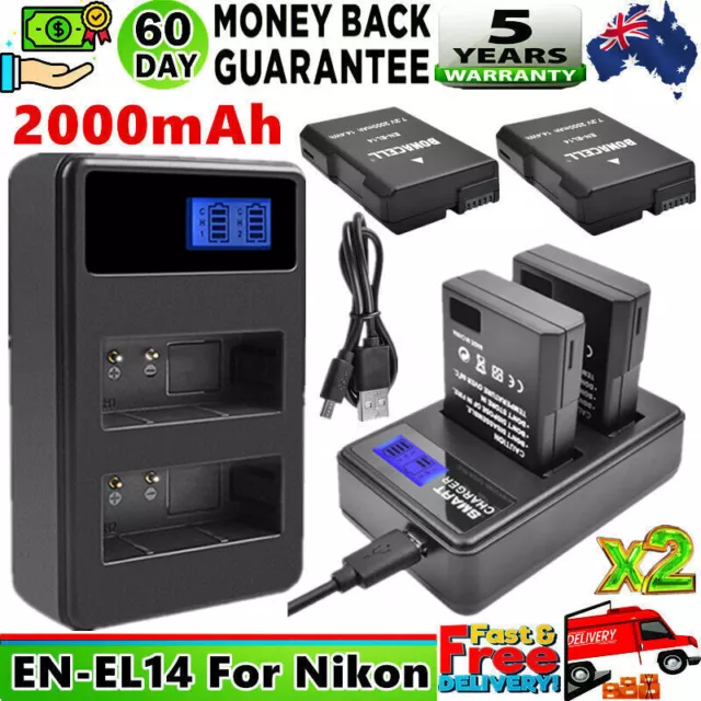2x EN-EL14a Battery & USB Charger for Nikon D3400 D5600 D5500 D5300 D5200 D3300