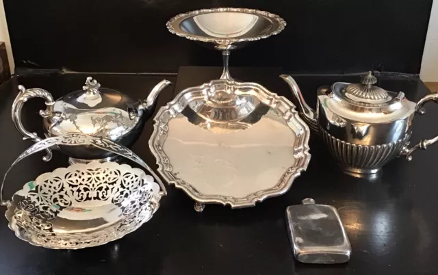 Antique & Vintage Job Lot Of Silver Plated Mappin Webb Tray Teapots Flask Bowl