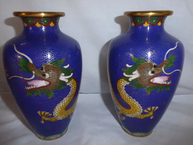 2 Chinese Cloisonné mantel  vase two headed dragon 6.5 inches   SEE
