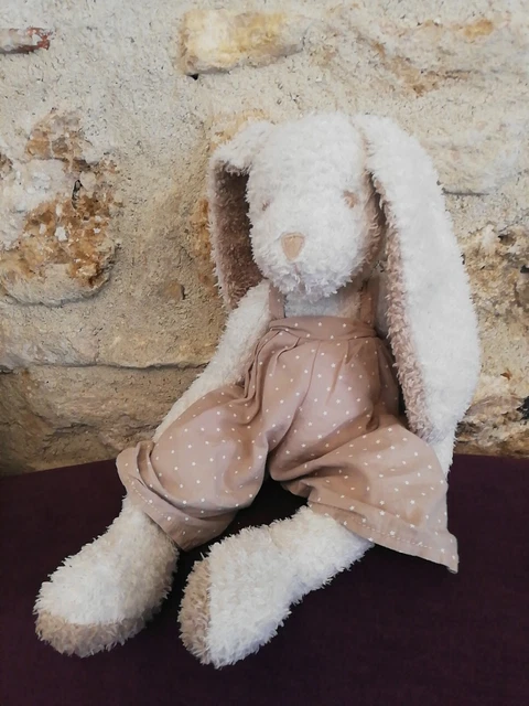 DOUDOU PELUCHE LAPIN CYRILLUS BLANC BEIGE SALOPETTE BEIGE AVEC Étoile Pois 34 Cm