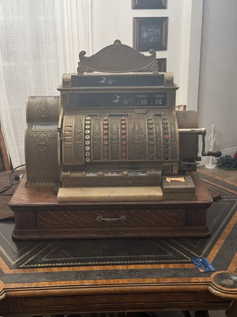 NationaL Antique 1900’s ornate Brass marble on Oak Cash Register 542-E