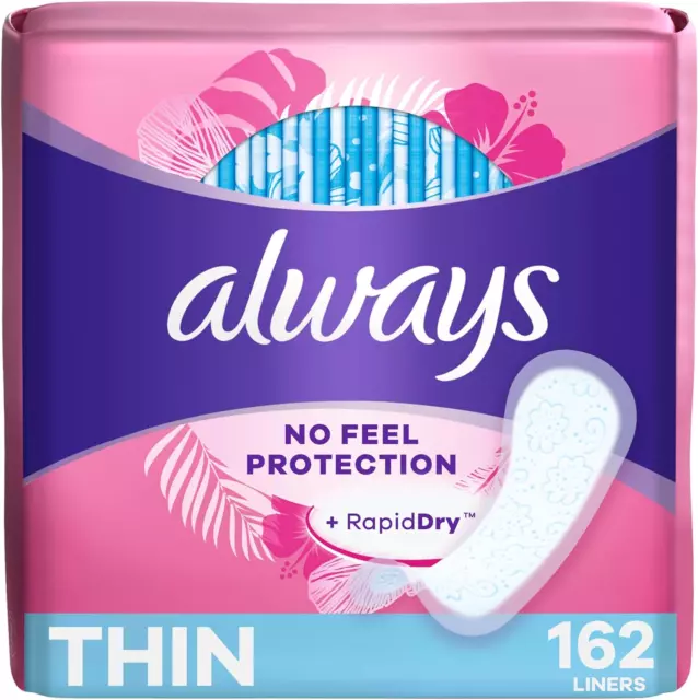 Always Thin Daily Panty Liners For Women, Light Absorbency, Unscented, 162 Count