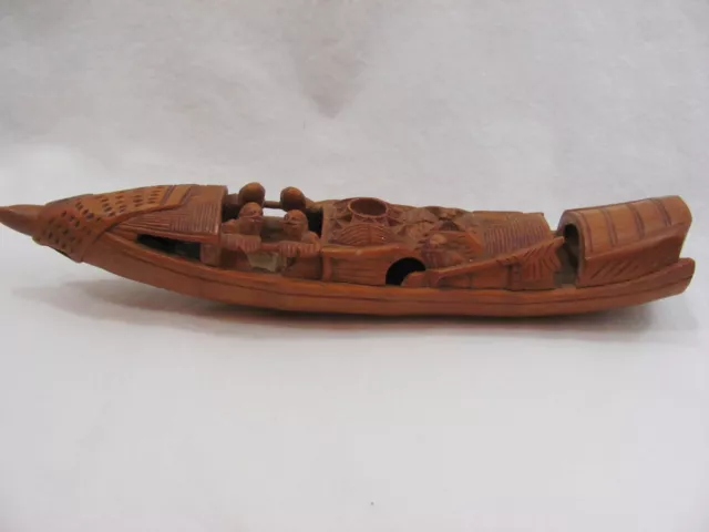 Vintage Antique Chinese Hand Carved Wood Bamboo River Boat Figurine