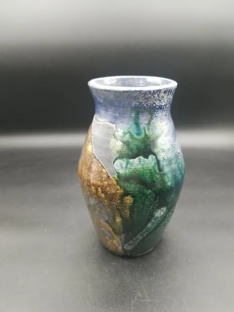 RAKU Studio Art Pottery Vase Iridescent Metallic Glaze Signed Slick 1/05
