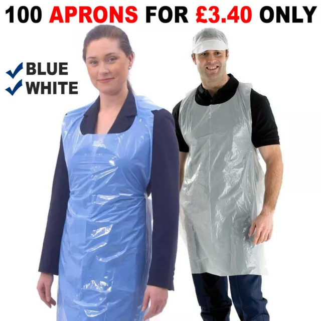 1000 x White Disposable Apron Waterproof Polythene Plastic Flat Pack Aprons