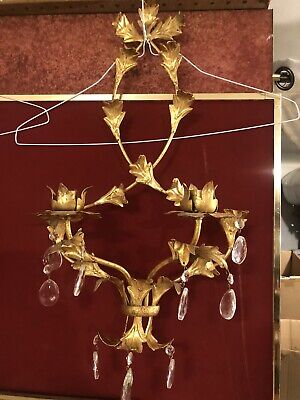 French Empire Style Gilt Metal 2 Candle Wall Sconce with Crystal Tear drops