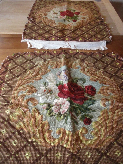 Toile brodée à l'aiguille ancienne : housse de chaise florale Toile brodée à l'aiguille ancienne : housse de chaise florale