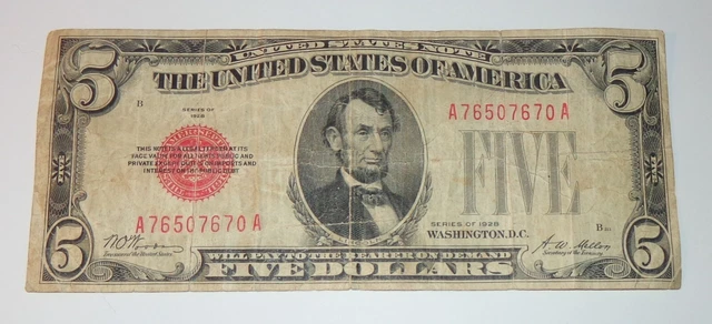 $5 1928 Red Seal US Note A7650760A Five dollar Legal Tender B211