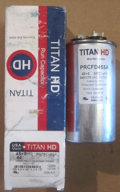 Titan HD Motor Run Capacitor Round PRCFD455A 45+5MFD 440/370VAC Free Shipping