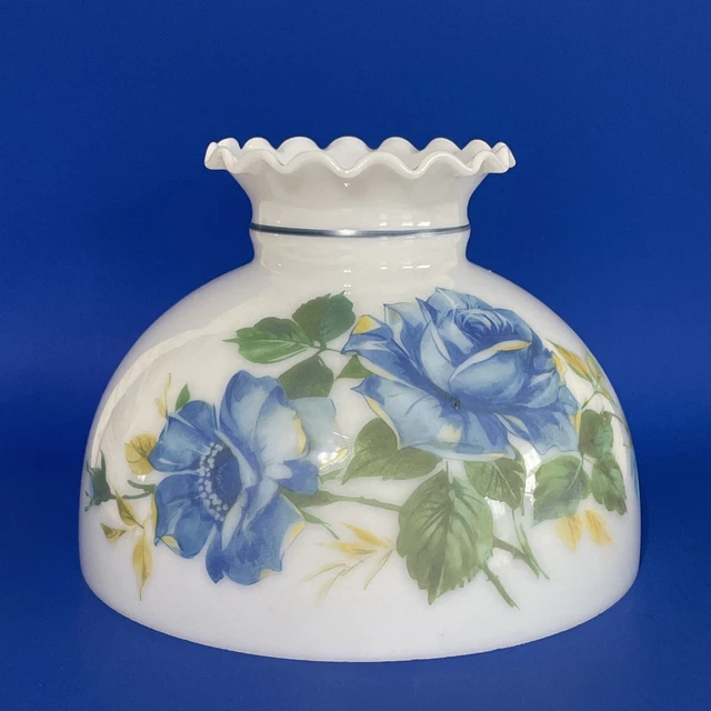 Vintage GWTW 10" Fitter Blue Rose Oil Or Electric Crimped Glass Dome Lamp Shade