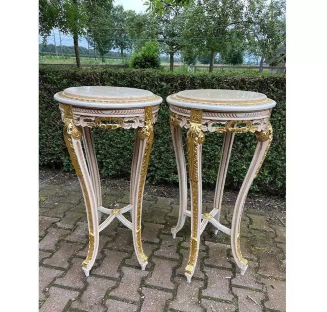 Chic Louis XVI Pedestal Tables: White, Gold Accents, Marble Top