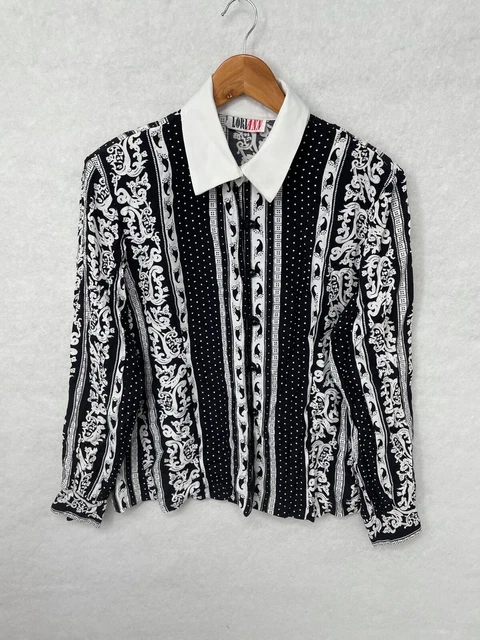 Camicia vintage donna a maniche lunghe design bianco e nero taglia large