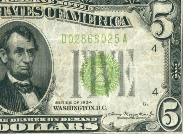 $5 1934 LGS LIME ((LIGHT GREEN SEAL)) Federal Reserve Note CURRENCY AUCTIONS