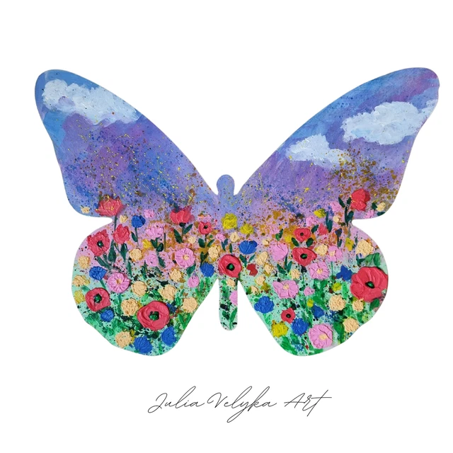 Wanddekoration aus Holz, Schmetterling, Wildblumen, Acryl auf MDF,...