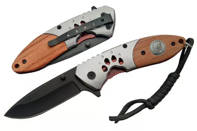 SPRING-ASSIST FOLDING POCKET KNIFE | Black Blade Wood Wolf Tactical Hunting