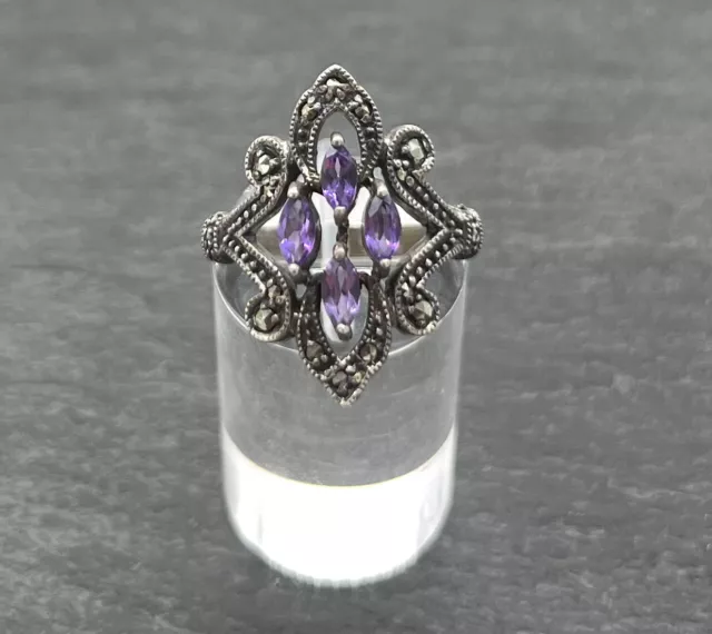 925 Bague en Argent, Améthyste, Markassite, Gr. 56, Femme, Vintage, Bon État