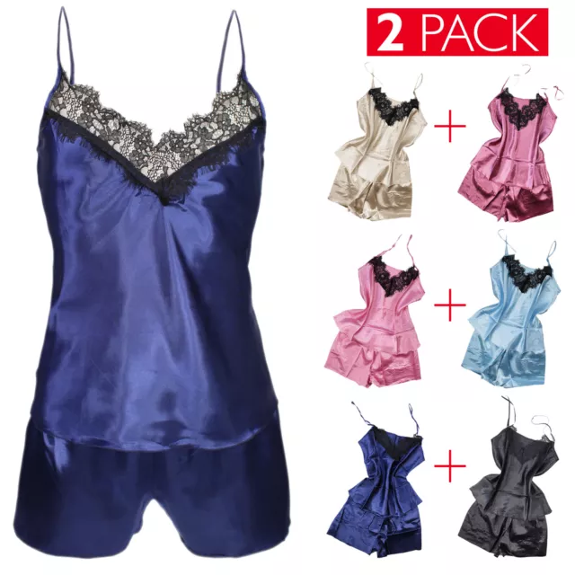 2 Pack Pigiama Donna Baby Doll Sexy Intimo Notte Top+Shorts Merletto Pizzo VEQUE