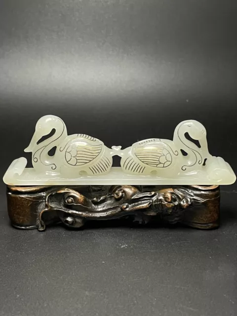 Chinese Exquisite Handmade Swan carving Inlaid Silver Hetian Jade Statue