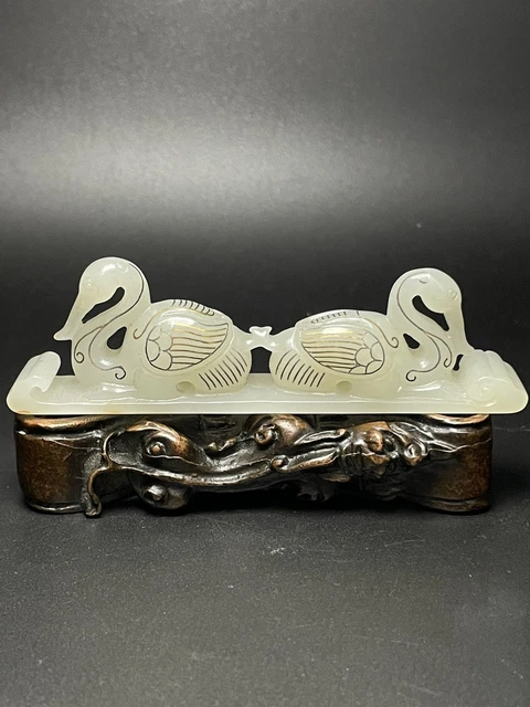 Chinese Exquisite Handmade Swan carving Inlaid Silver Hetian Jade Statue