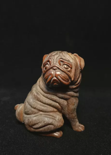 3" small dog pug wood carving Home Art Craft wooden decor pet statue Carved gift