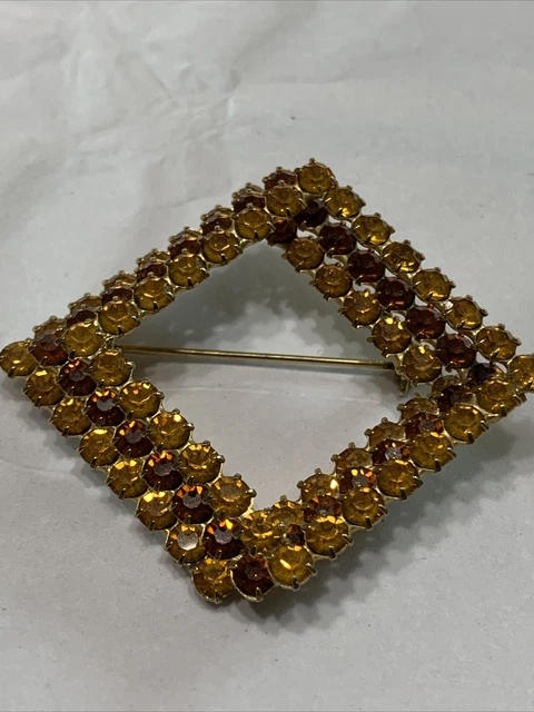 Vtg 60s Rhinestone Pin 3-D stack Square 1 3/4” Amber Hues Goldtone Close Back