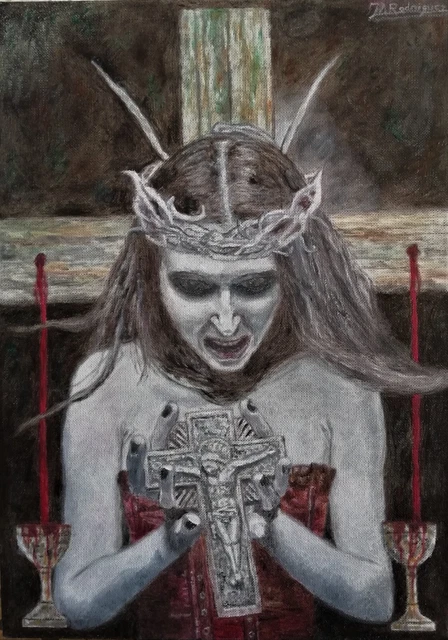 Rodríguez García. La vampira. Óleo sobre cartón preparado.(29'7x21cm).2022.