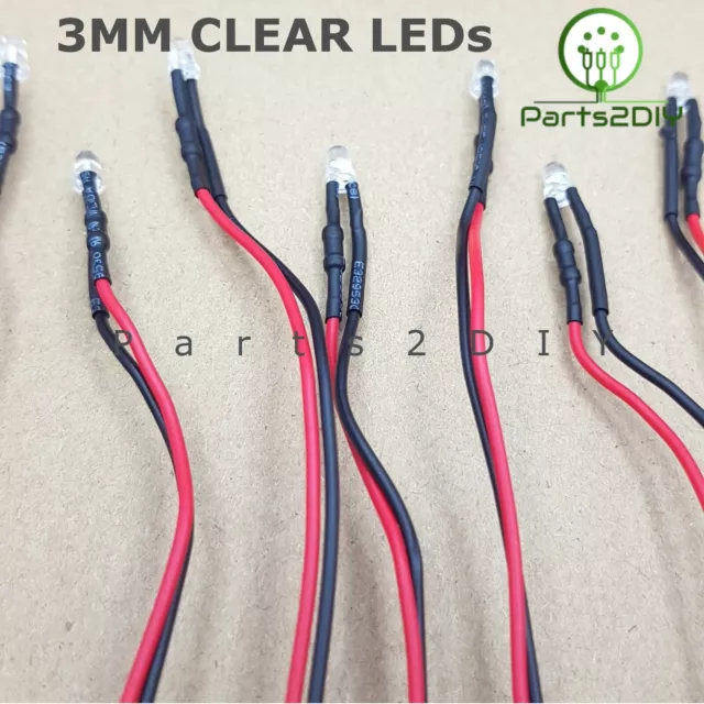 3mm Ultra Bright Pre-Wired Flashing 9v-12V LEDs Water Clear Bulb 20cm Cable UK