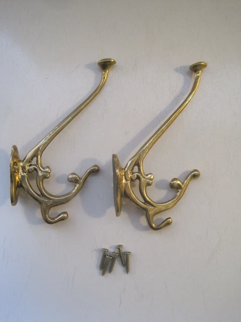 2 Vintage Brass Double Wall Hooks Coat Hat Towel w/ Screws