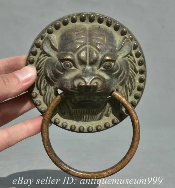 4" Collect Old Chinese Copper Dynasty Lion Hang door Knocker Statue