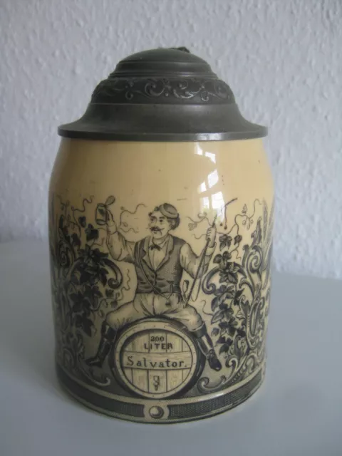 c 1880 alter Steinzeug Bierkrug Humpen Salvator Bier Paulaner Brauerei München ?