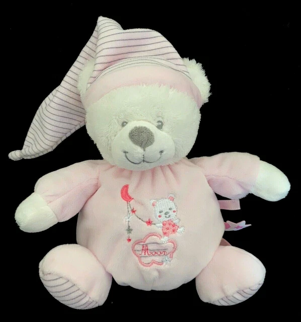 Doudou boule Ours blanc et rose bonnet rayé Moon lune nuage étoile Max & Sax